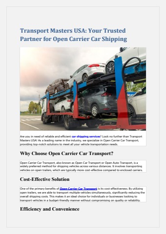 Transport Masters USA - Your Trusted Partner for Open Carrier Car Shipping