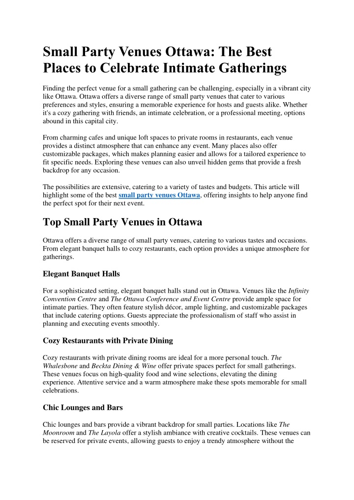 PPT - Small Party Venues Ottawa: The Best Places to Celebrate Intimate Gatherings PowerPoint Presentation - ID:14170861