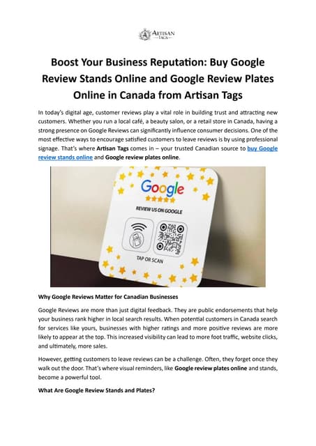 Boost Your Business Reputation Buy Google Review Stands Online and Google Review Plates Online in Canada from Artisan Tags.pdf