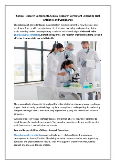 Clinical Research Consultants, Clinical Research Consultant Enhancing Trial Efficiency and Compliance.docx