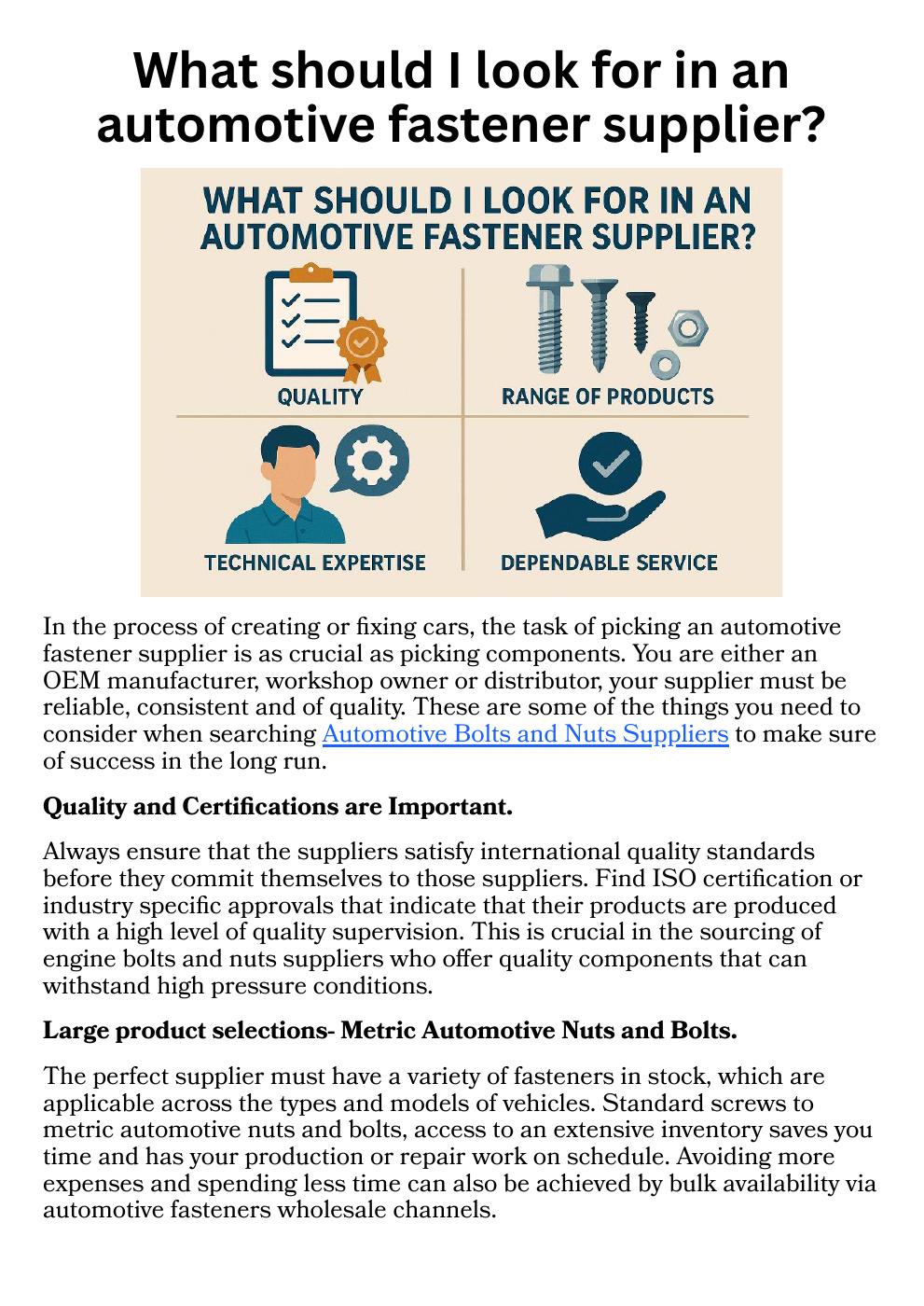 What should I look for in an automotive fastener supplier?